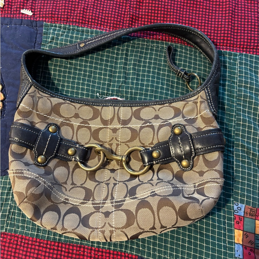 Coach Brown and Tan Shoulder Bag with Gold Accents